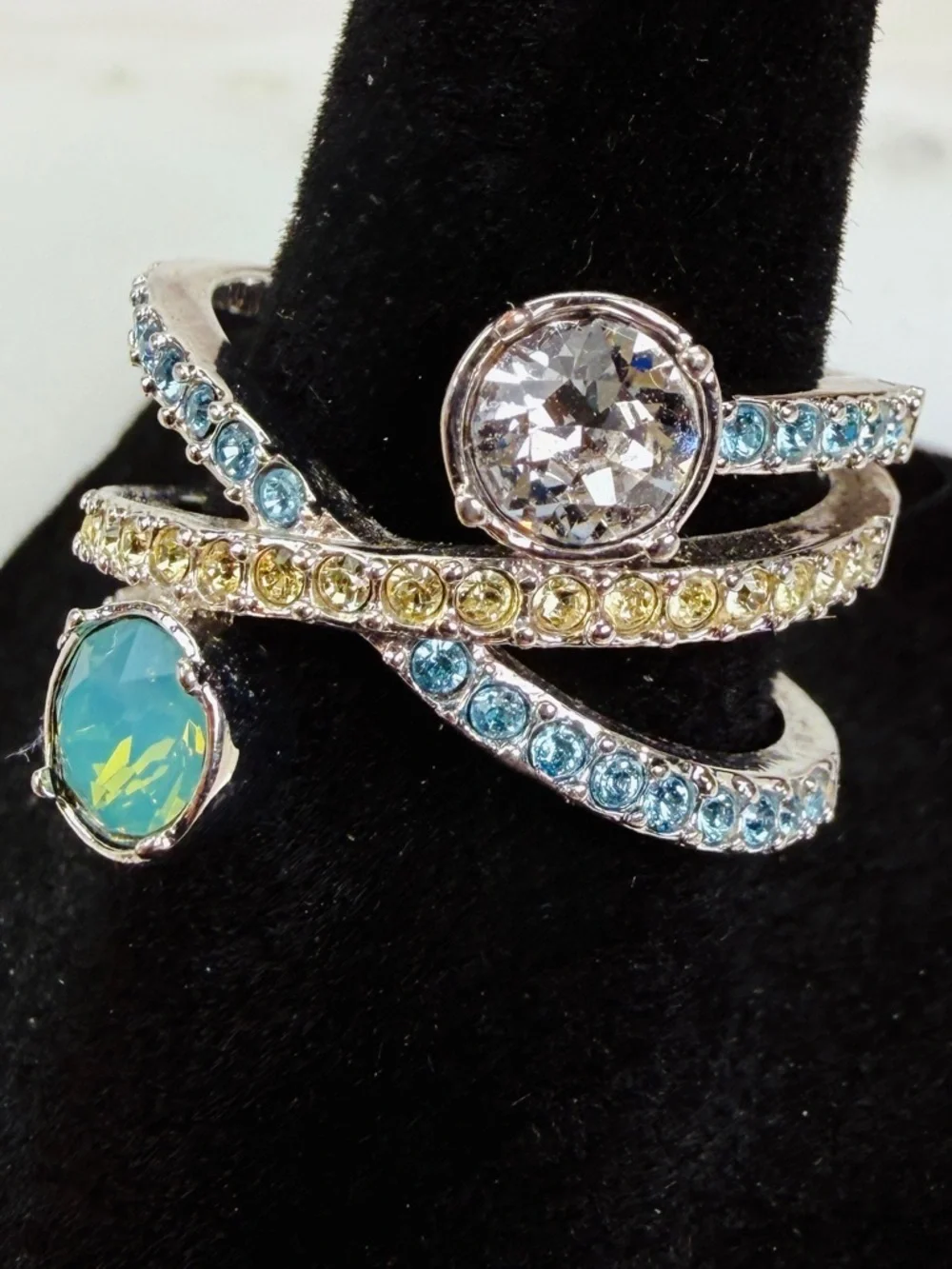 Elegant Silvertone Ring with Blue and Green Accents sz 8